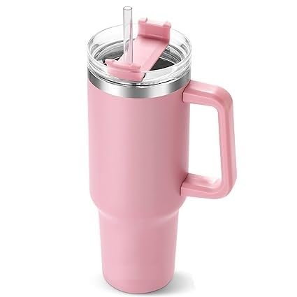 Pink Insulated Travel Tumbler with Handle & Straw – Keeps Drinks Cold