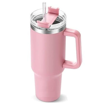 Pink Insulated Travel Tumbler with Handle & Straw – Keeps Drinks Cold