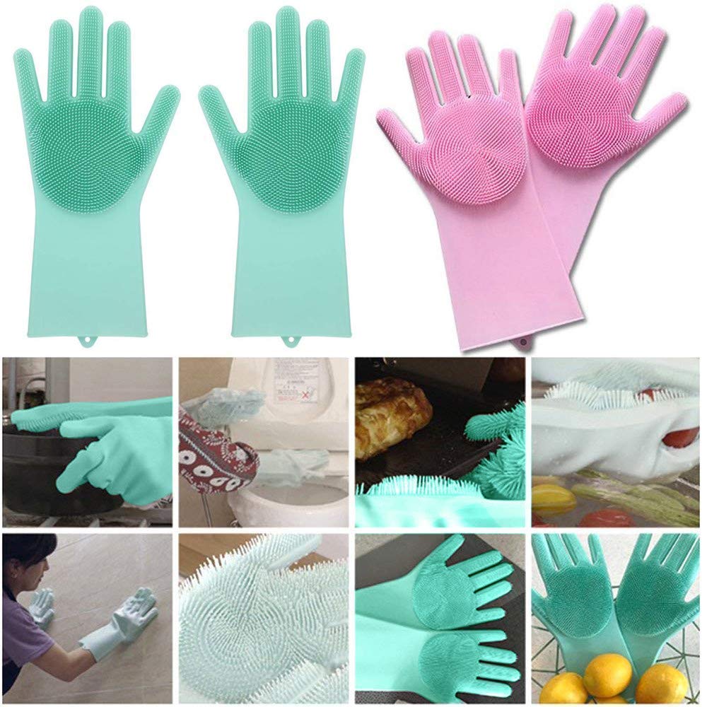Silicone Dishwashing Gloves with Scrub Bristles for Kitchen & Cleaning