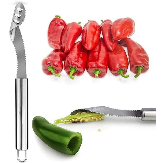 Stainless Steel Shimla Mirch & Chili Seed Remover Tool | Serrated Corer Cutter for Bell Peppers, Bananas, Bitter Gourd | Easy-Twist Deseeding Gadget for Indian Kitchen (Silver)