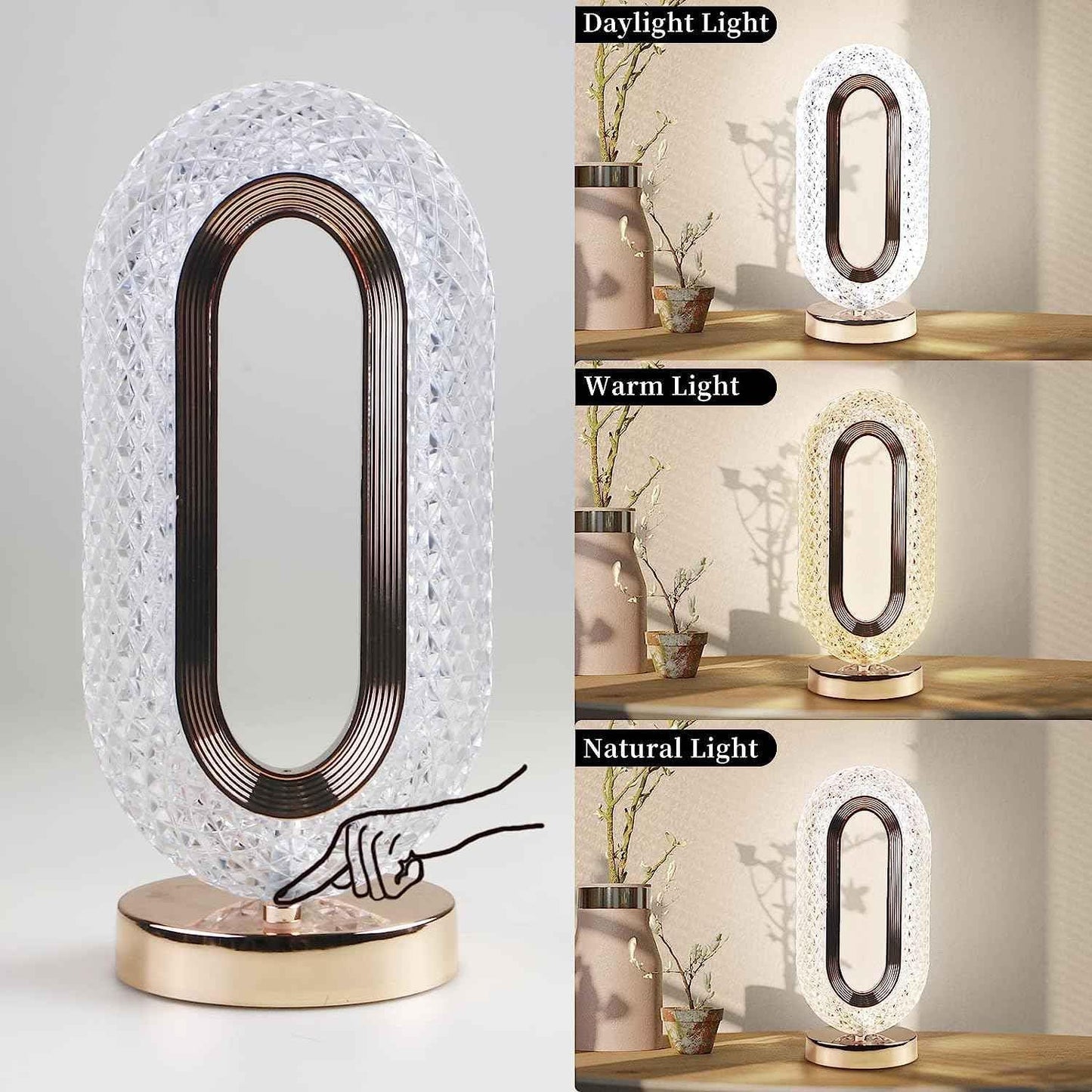 Ovate Crystal Table Lamp - Gold USB Rechargeable Touch Light | 3-Level Dimmable Cordless Lamp for Bedroom, Living Room & Pooja Decor | Luxury Gift for Diwali/Housewarming