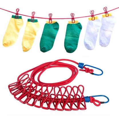Elastic Cloth Drying Rope with Hooks and 12 Clips – Travel-Friendly Clothesline for Indoor & Outdoor Use (Multicolor)