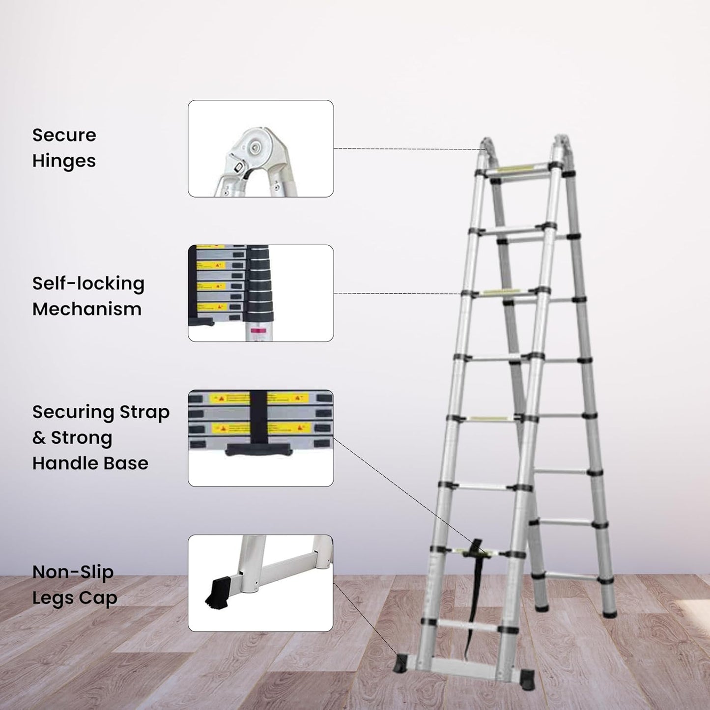 1.9M+1.9M (3.8M -12.5FT) Telescoping Aluminum Extension Ladder | A-Frame Folding Ladder Heavy-Duty Telescopic Ladder for Home, Outdoor, RV, Loft, Roof, Window Cleaning & Painting