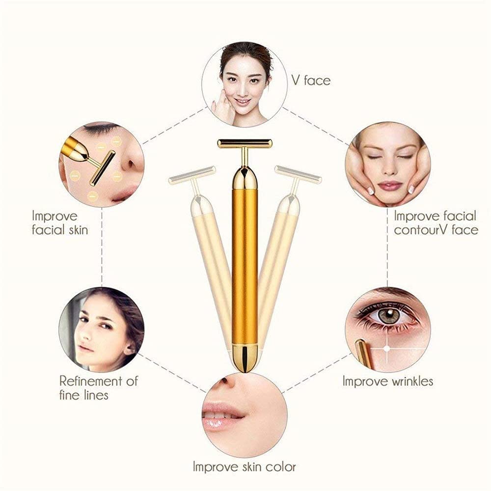 Gold Energy Beauty Bar Electric Vibration Facial Massager | Waterproof T-Shaped V-Shape Anti-Wrinkle Face Roller for Forehead, Cheek, Neck, Arm, Clavicle