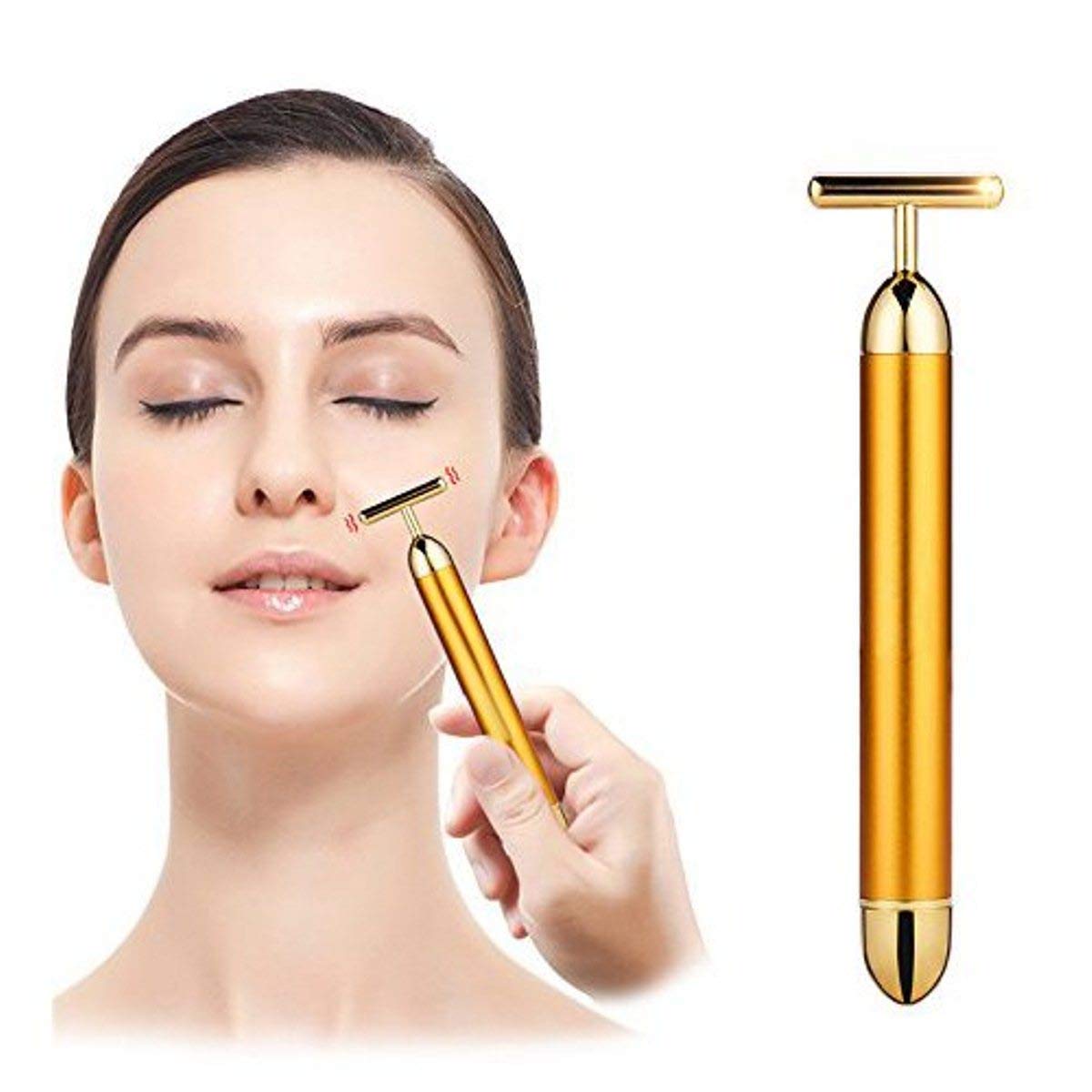 Gold Energy Beauty Bar Electric Vibration Facial Massager | Waterproof T-Shaped V-Shape Anti-Wrinkle Face Roller for Forehead, Cheek, Neck, Arm, Clavicle