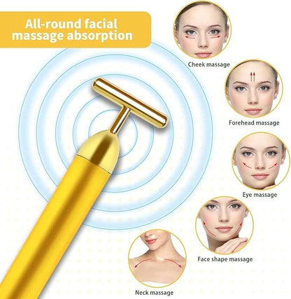 Gold Energy Beauty Bar Electric Vibration Facial Massager | Waterproof T-Shaped V-Shape Anti-Wrinkle Face Roller for Forehead, Cheek, Neck, Arm, Clavicle