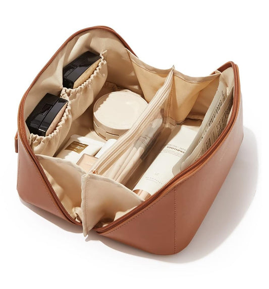 Women's Large Capacity Travel Makeup Cosmetic Bag - Waterproof PU Leather Organizer with Dividers