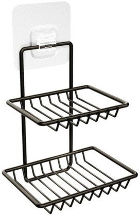 Wall Mounted Double Layer Soap Holder | Self Adhesive Stainless Steel Waterproof Soap Dish Rack for Bathroom & Kitchen (Black)