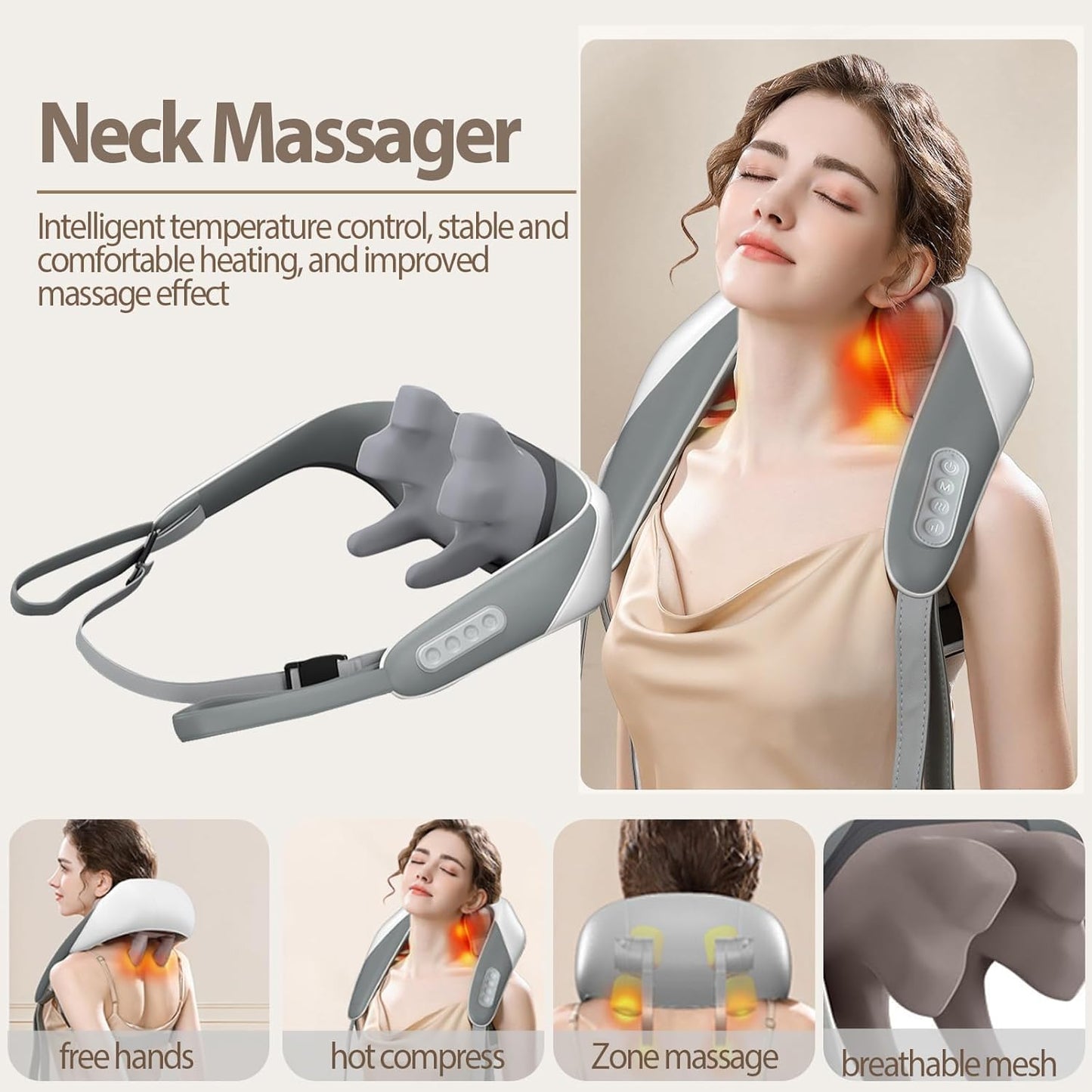 Rechargeable Electric Neck and Shoulder Massager with Heat, 5D Kneading Shiatsu Massage Machine