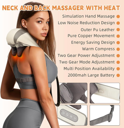 Rechargeable Electric Neck and Shoulder Massager with Heat, 5D Kneading Shiatsu Massage Machine