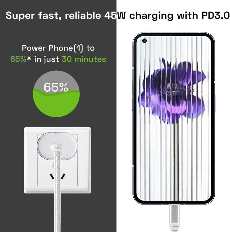 45W Nothing USB C Wall Charger With Cable  Super Fast Charging Type C to Type C For Nothing Phone 2a/Phone 2/Phone 1, PPS PD