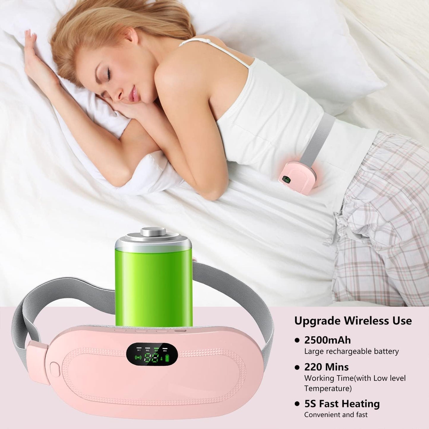 Portable Cordless Period Cramp Massager & Heating Pad – 3-Temperature, 4-Massage Modes, Fast Heating Menstrual Pain Relief Device for Women