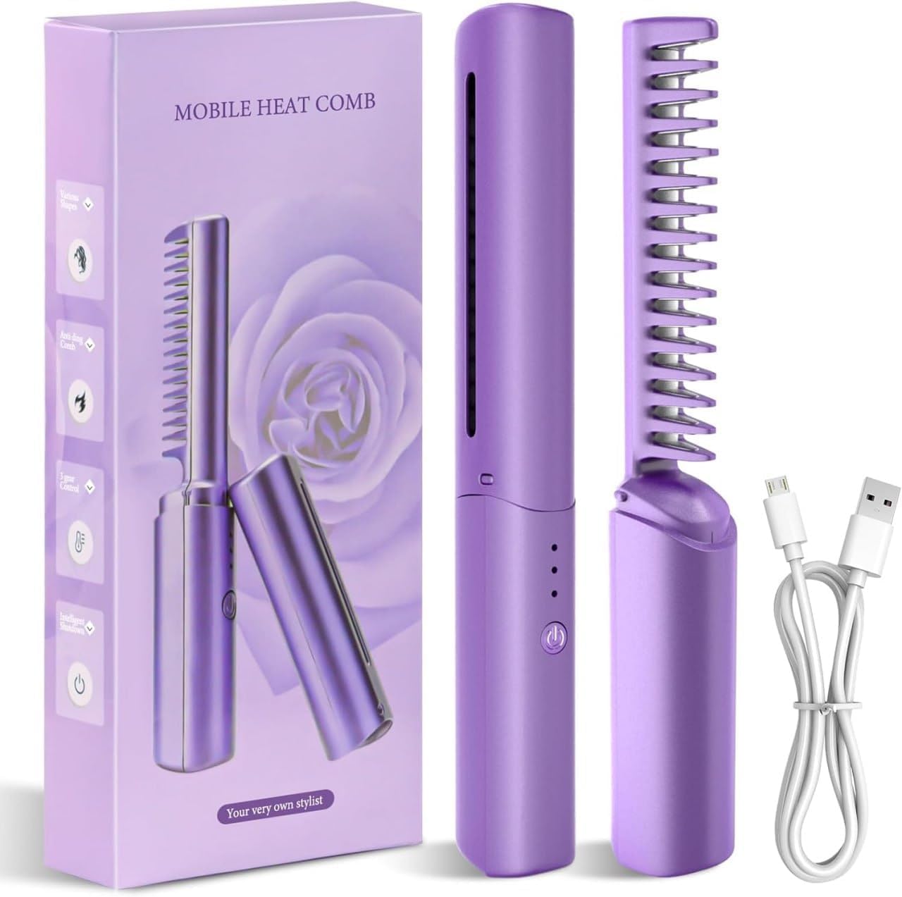 Rechargeable Mini Cordless Hair Straightener Comb | Portable Negative Ion Straightening Brush for Travel | Lightweight Hot Comb for All Hair Types