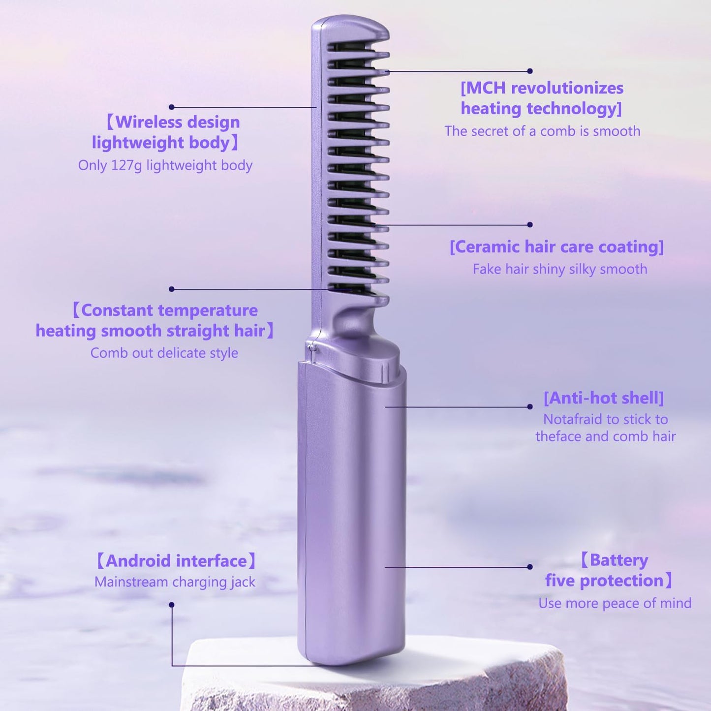 Rechargeable Mini Cordless Hair Straightener Comb | Portable Negative Ion Straightening Brush for Travel | Lightweight Hot Comb for All Hair Types