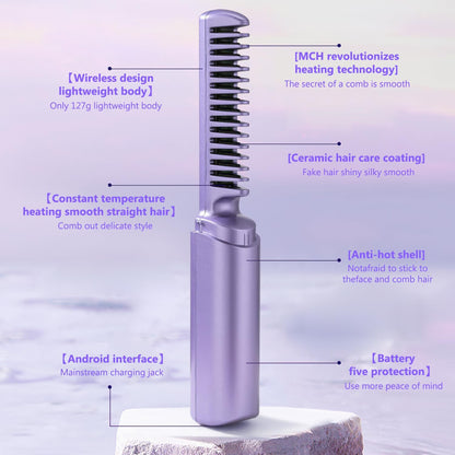 Rechargeable Mini Cordless Hair Straightener Comb | Portable Negative Ion Straightening Brush for Travel | Lightweight Hot Comb for All Hair Types