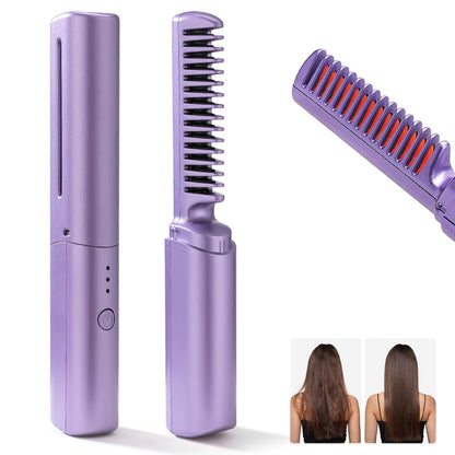 Rechargeable Mini Cordless Hair Straightener Comb | Portable Negative Ion Straightening Brush for Travel | Lightweight Hot Comb for All Hair Types