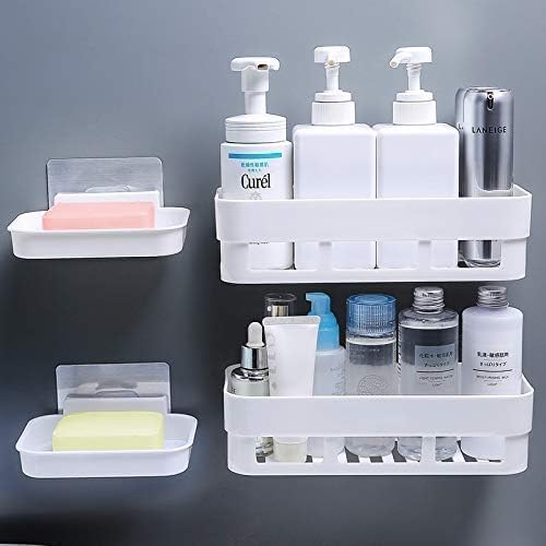 Bathroom Shelf Wall Mounted Bathroom Kitchen No Drill Storage Rack (2 Bathroom Shelf + 2 Soap Shelf Plastic Wall Shelf
