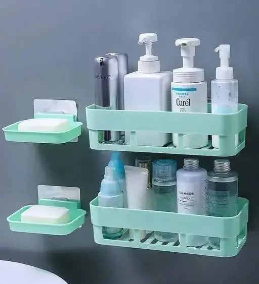 Bathroom Shelf Wall Mounted Bathroom Kitchen No Drill Storage Rack (2 Bathroom Shelf + 2 Soap Shelf Plastic Wall Shelf