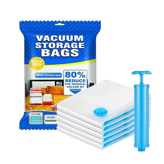 Space Saver (Set of 5) Reusable Vacuum Storage Ziplock Compression Sealer Bags for Travel clothes and home Blankets with hand Pump 2 Small (40x60cm),2 Medium (50x70cm),1 Large(60x 80cm)