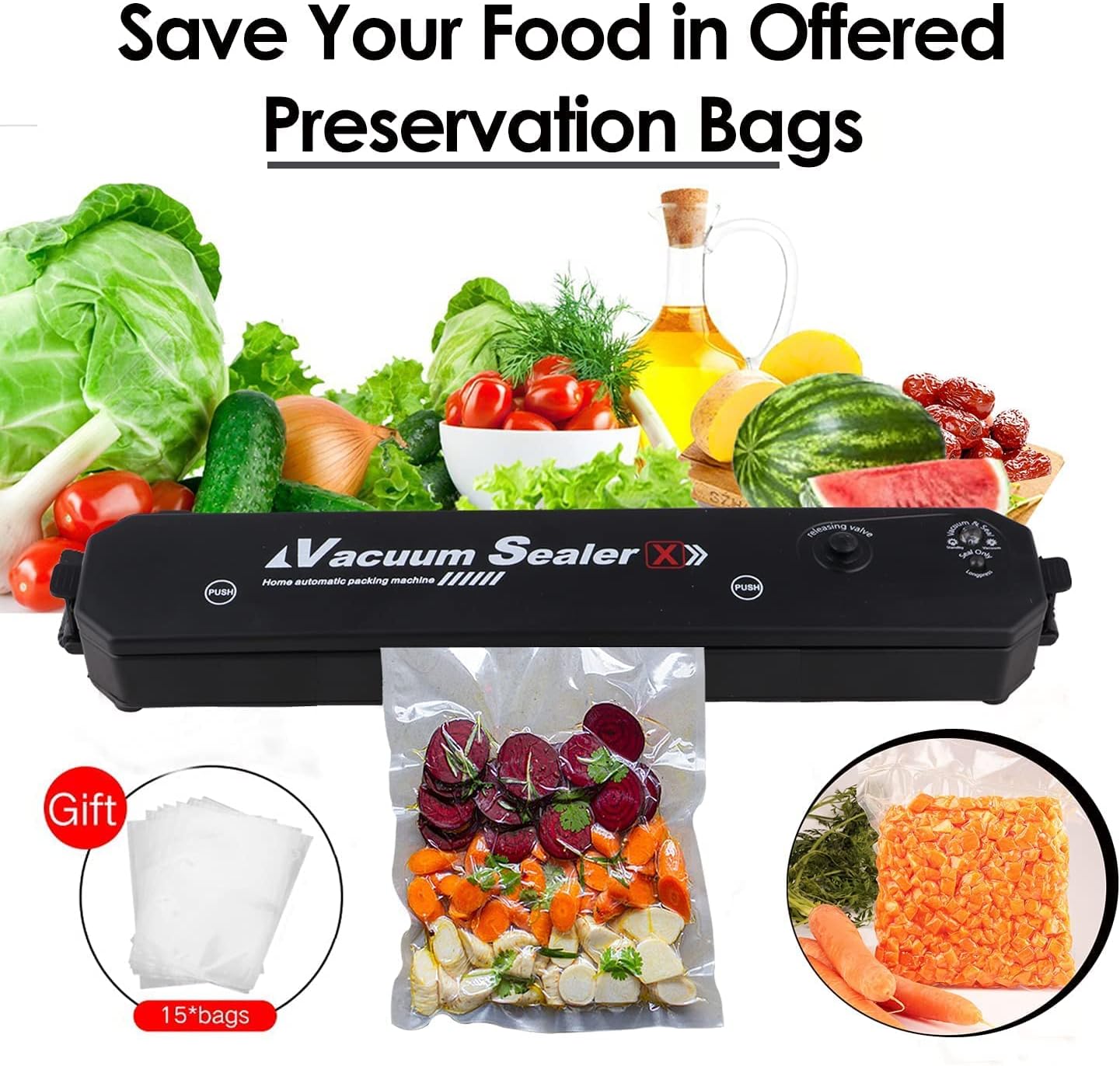 Vacuum Sealer Machine, Automatic Fresh Food-Sealer, Vacuum Packing Machine For Fruits, Meat Preservation With Dry & Moist Sealing Modes With LED (Multi Color)