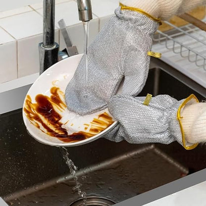 Steel Wire Gloves – Reusable Waterproof Kitchen Cleaning & Dishwashing Gloves, Heat-Resistant Silver Gloves for Home & Car (1 Pair)