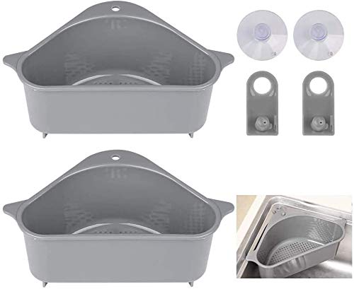 2 Pcs Kitchen Triangular Sink Strainer Basket with Suction Cups – Multipurpose Corner Drain Shelf Rack for Sponge, Soap & Vegetables