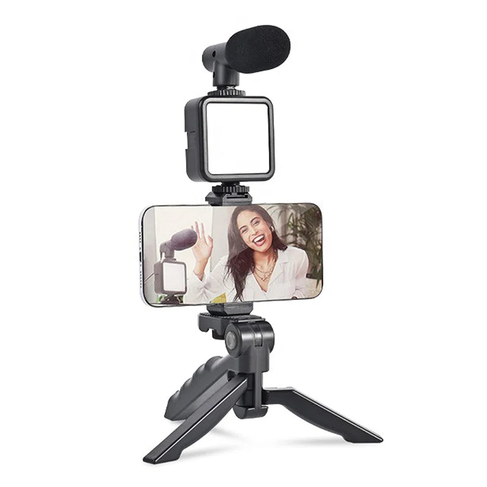 Smartphone Vlogging Kit with Noise Reduction Mic, Mini Tripod, LED Light & Phone Holder - For Video Making